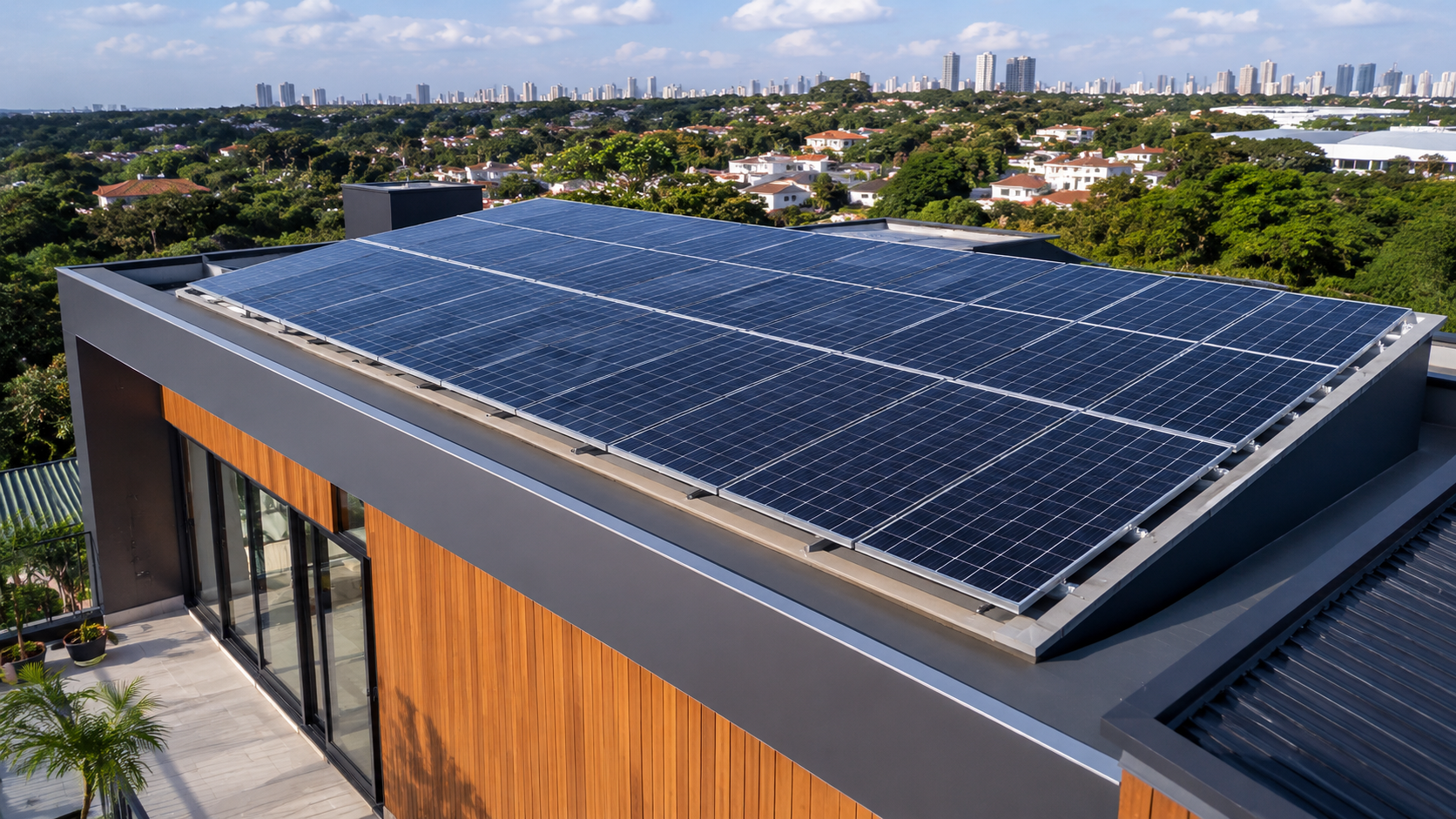 Usina solar residencial instalada em telhado moderno